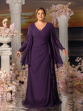 Plus Womens' Fake Two-Piece Evening Gown: V-Neck Long Sleeve Formal Dress for Mother of the Bride