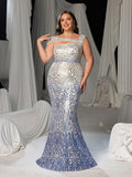 Plus Women's One-Shoulder Geometric Pattern Sequin Mermaid Gown | Illusion Back Evening Dress