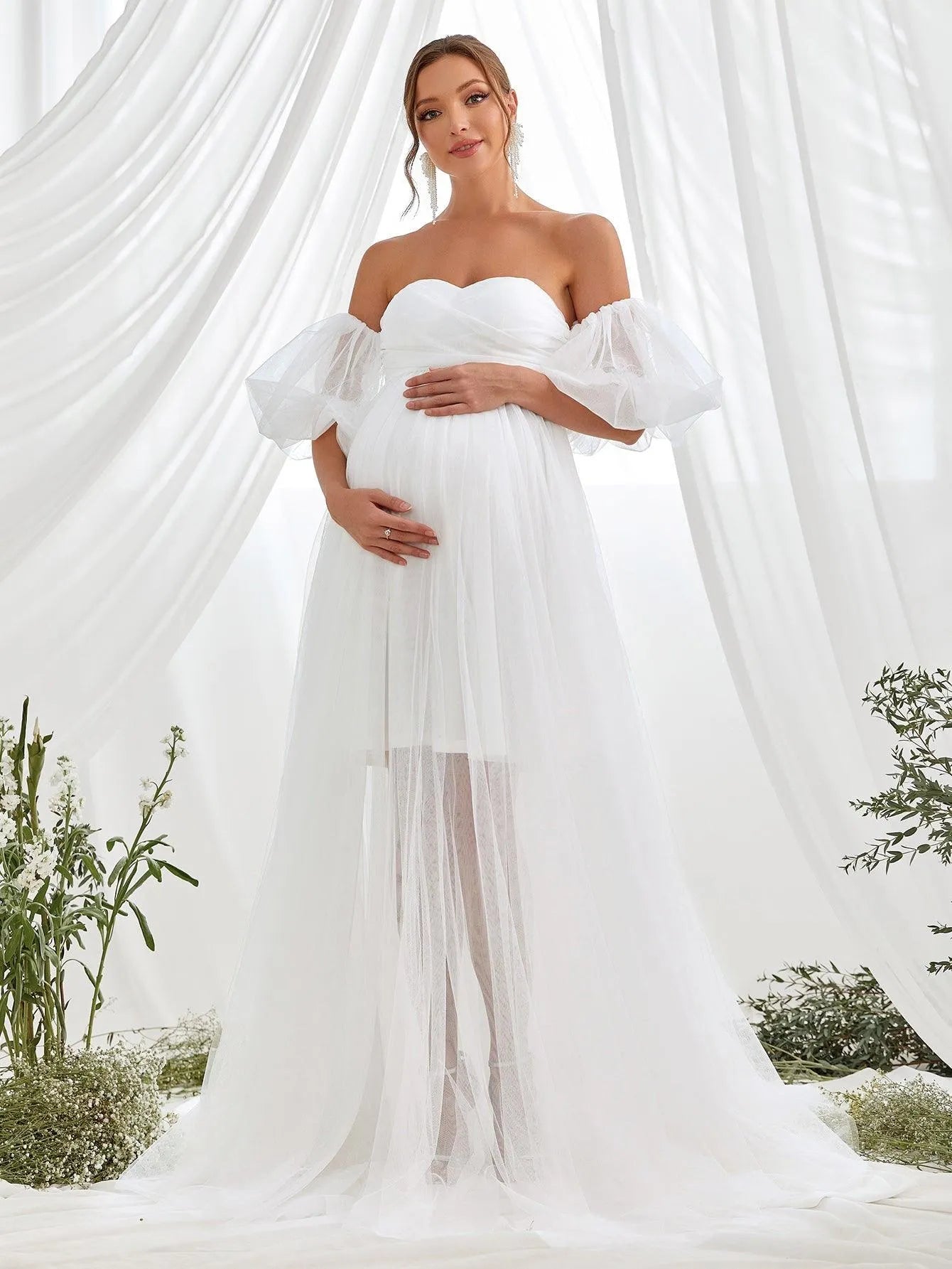 Maternity Off Shoulder Puff Sleeve Mesh Overlay Dress - Elonnashop