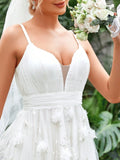 Floral Applique Mesh Cami Wedding Dress - Elonnashop