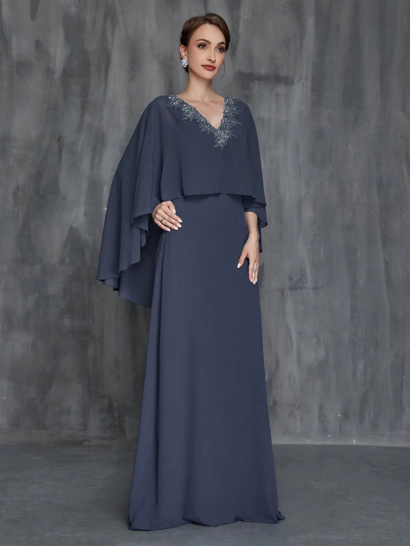 Womens' Solid Applique Detail V Neck Chiffon Cape Dress - Elonnashop