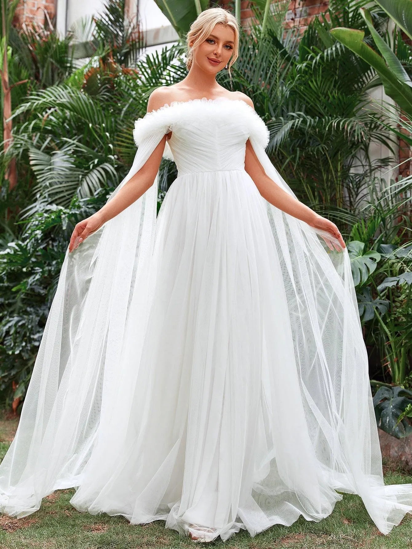 Off Shoulder Ruched Front Cloak Sleeve Mesh Wedding Dress - Elonnashop