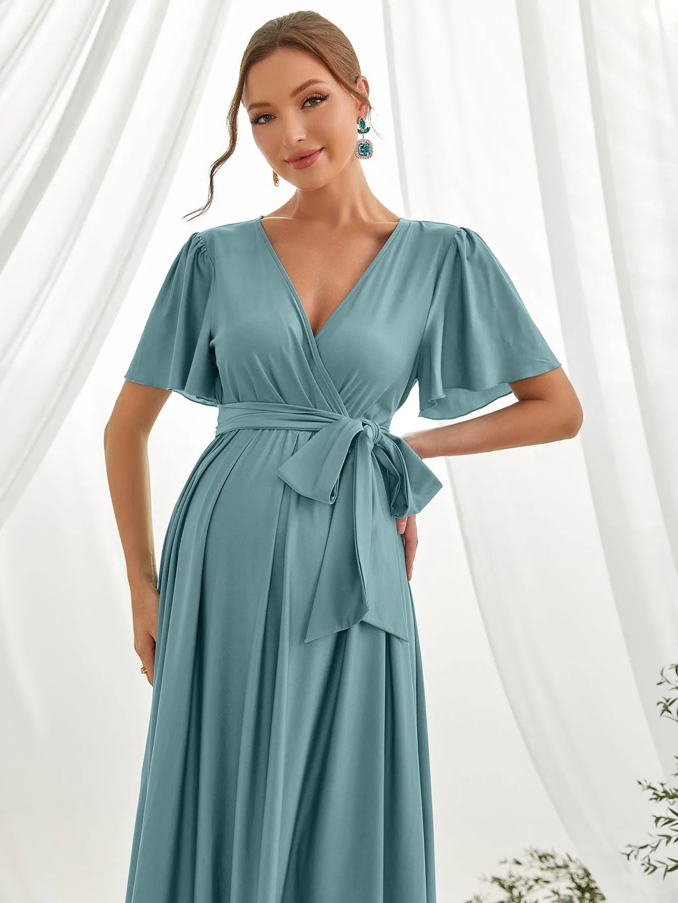 Maternity Surplice Neck Butterfly Sleeve Belted Dress - Elonnashop