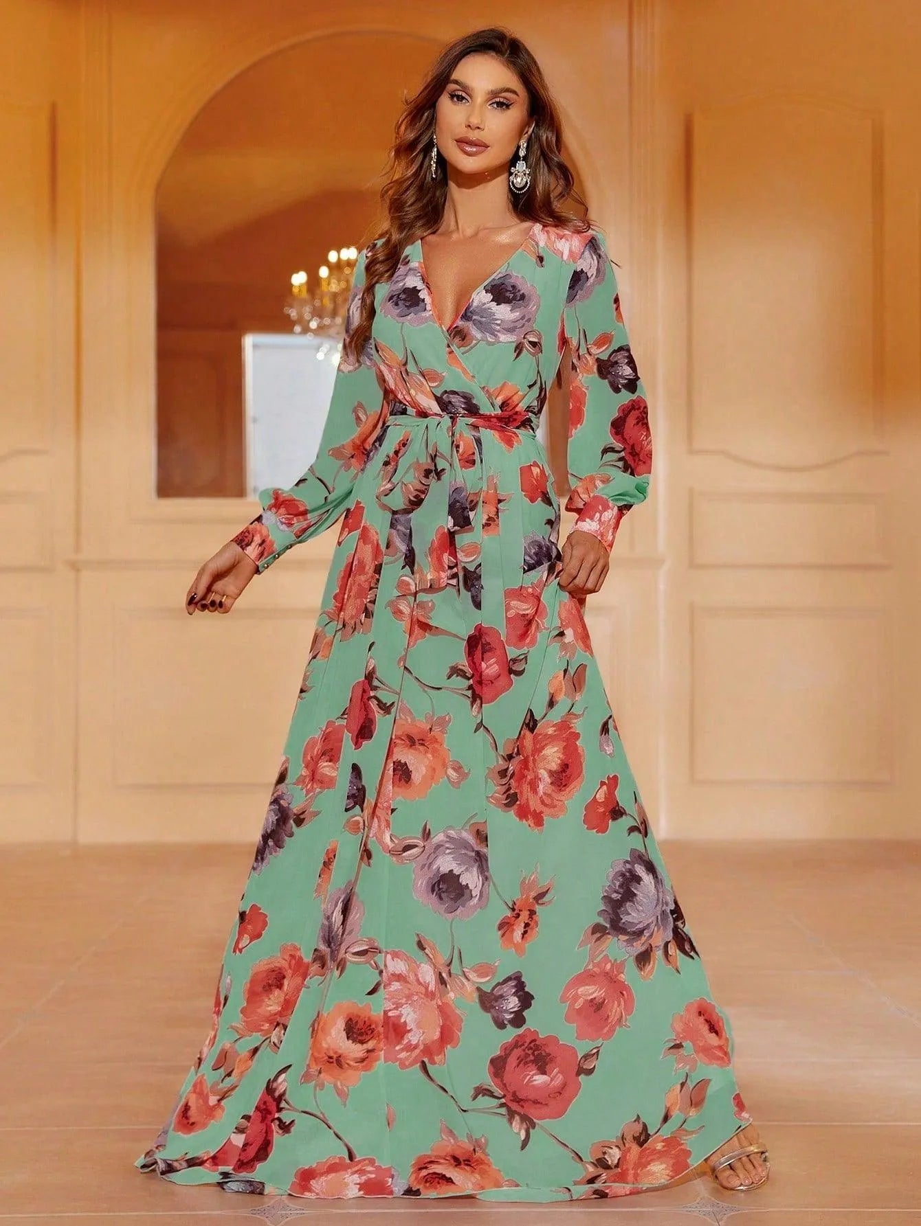 V Neck Long Sleeve Floral Print Belted Dress - Elonnashop