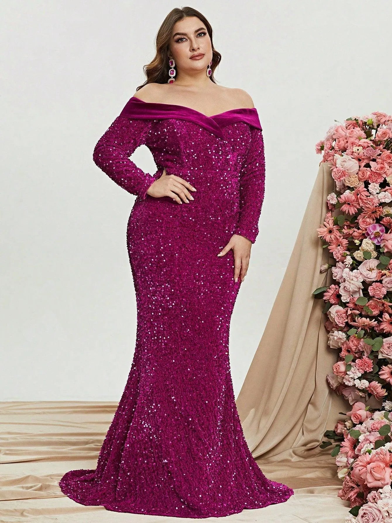 Plus Off Shoulder Long Sleeve Sequin Mermaid Dresses - Elonnashop