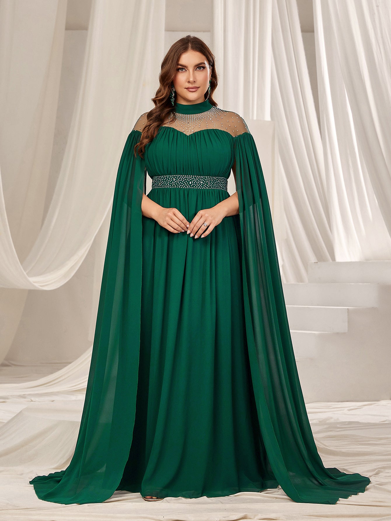 Plus Dramatic Cape Evening Dress | High Neck Chiffon with Rhinestone Details