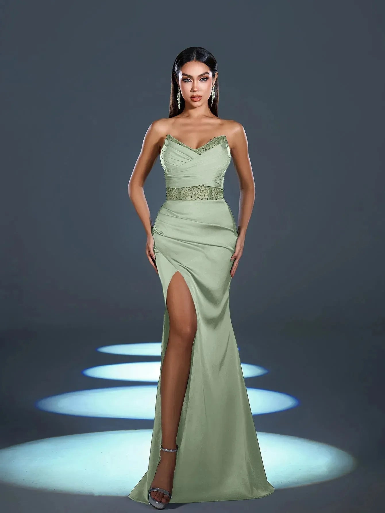 Elegant Strapless Contrast Sequin Split Thigh Satin Mermaid Party Dress