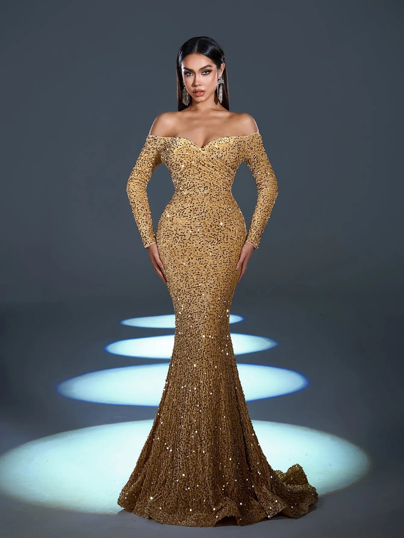 Elegant Off Shoulder Lone Sleeves Mermaid Hem Sequin Evening Dress