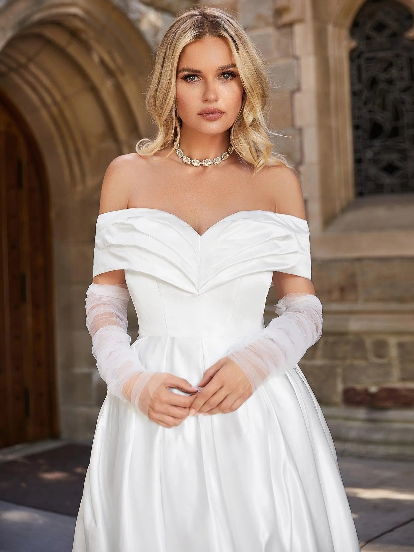 Off Shoulder Floor Length Satin Wedding Dress - Elonnashop