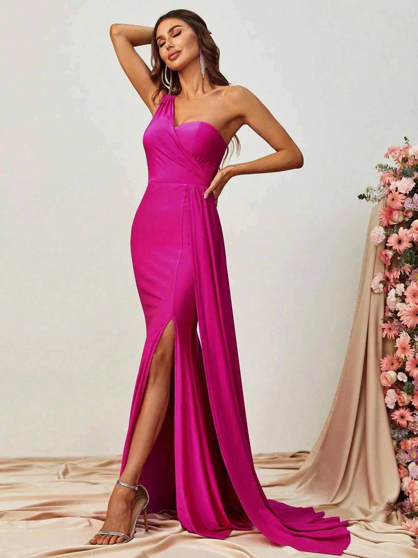 One Shoulder Draped Side Split Thigh Formal Dress - Elonnashop