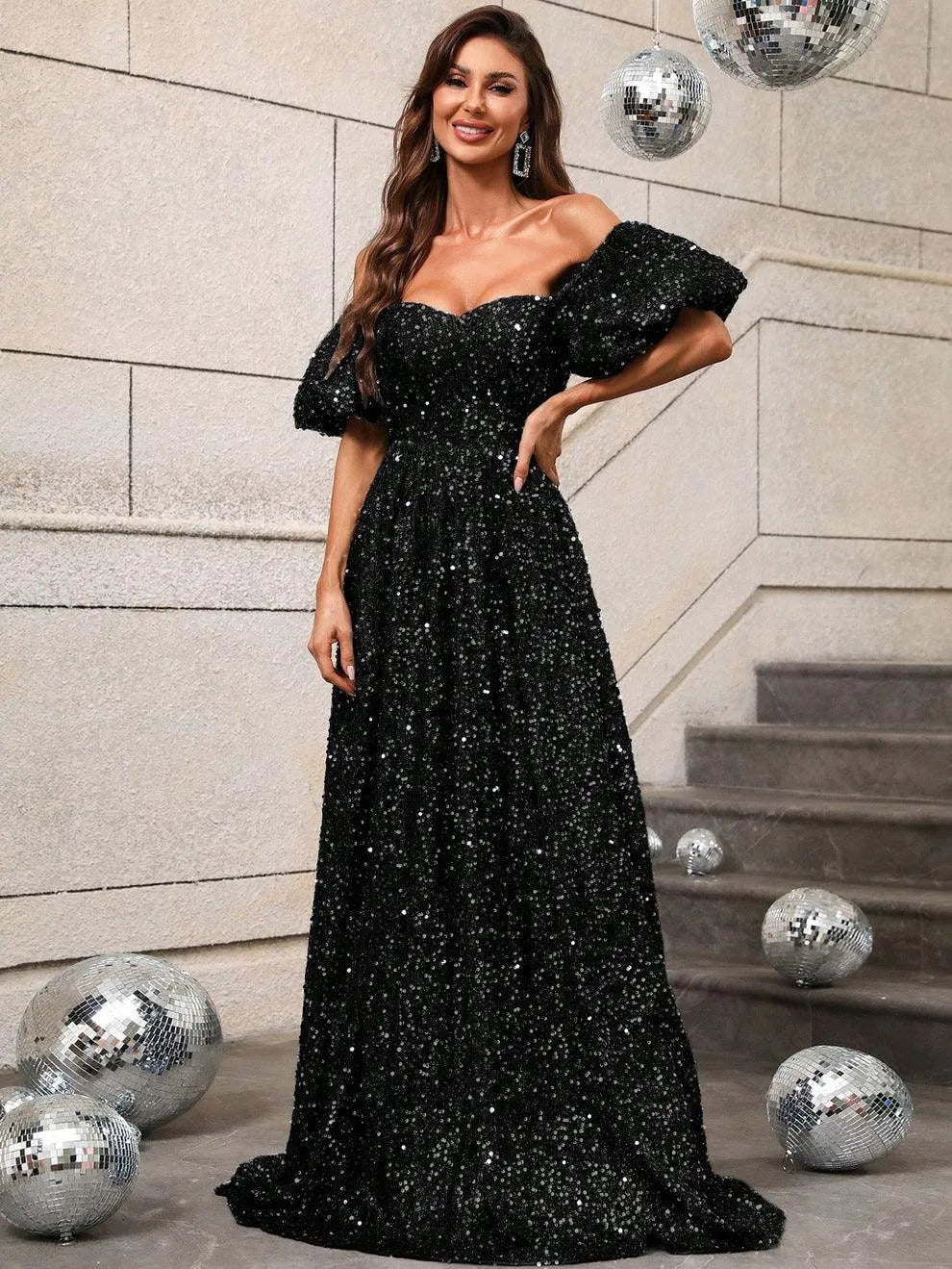 Elegant Off Shoulder Puff Sleeves Sequin A Line Dress - Elonnashop