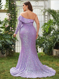 Plus Sequin Asymmetrical Neck Split Mermaid Dress - Elonnashop