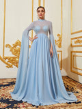 Elegant Rhinestone Detail Mock Neck Slit Extra-Long Sleeves Chiffon Formal Dress