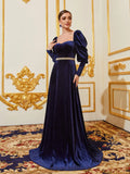 Sweetheart Neck Gigot Sleeves Rhinestone Waistband Velvet Formal Dress