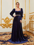 Sweetheart Neck Gigot Sleeves Rhinestone Waistband Velvet Formal Dress