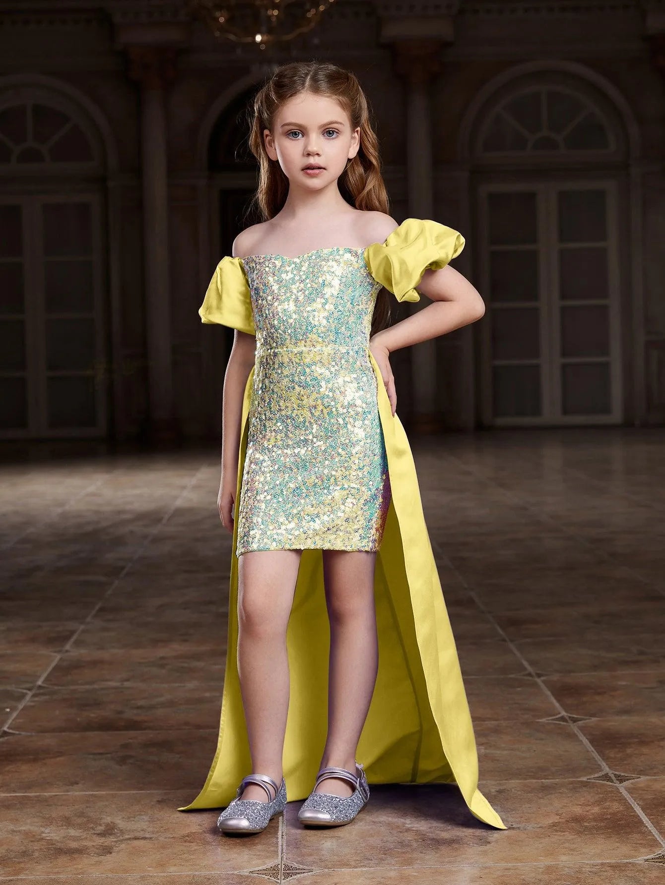 Tween Girls' Off Shoulder Puff Sleeves Satin Overlay Sequin Party Dress - Elonnashop