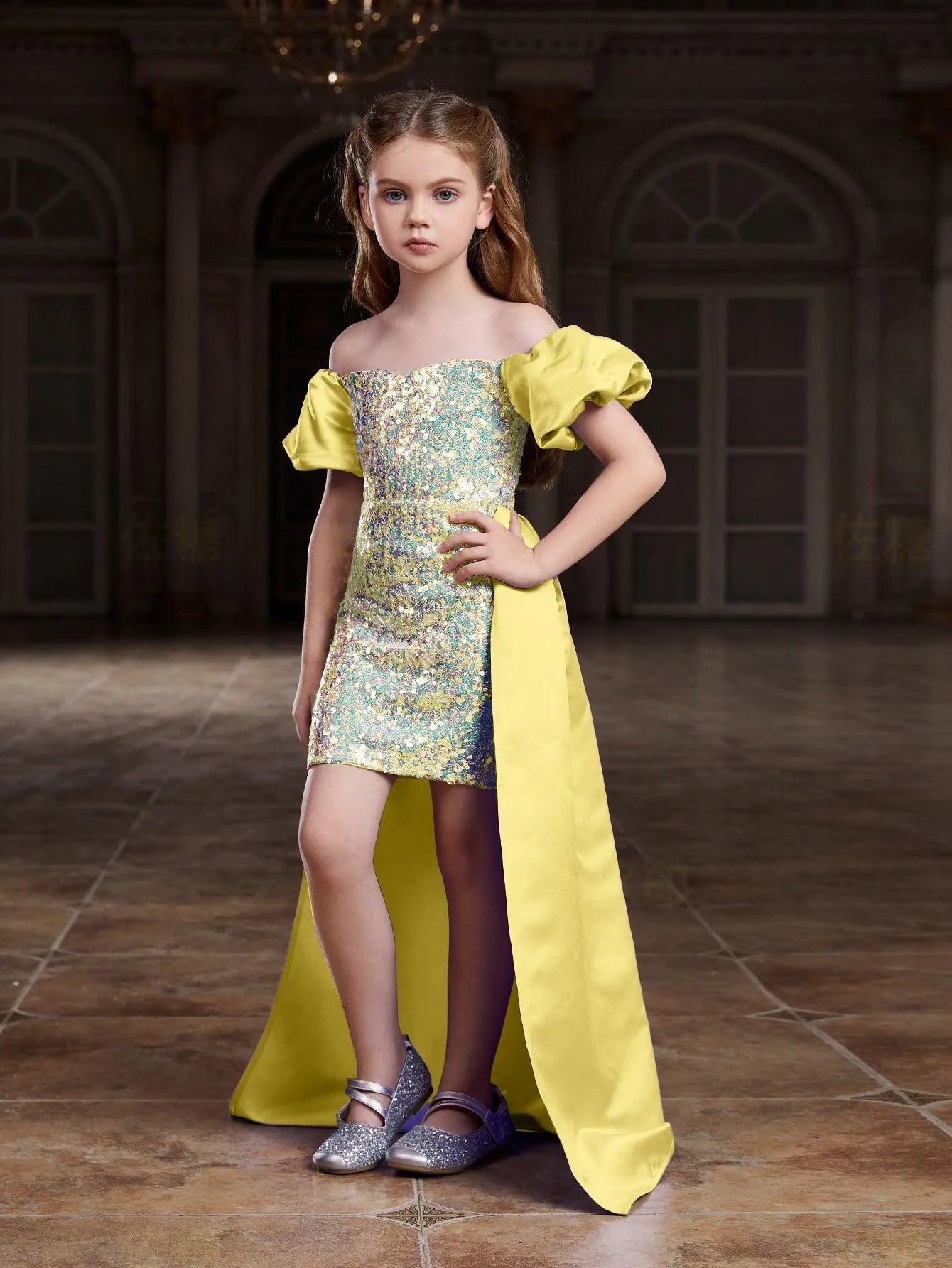 Tween Girls' Off Shoulder Puff Sleeves Satin Overlay Sequin Party Dress - Elonnashop