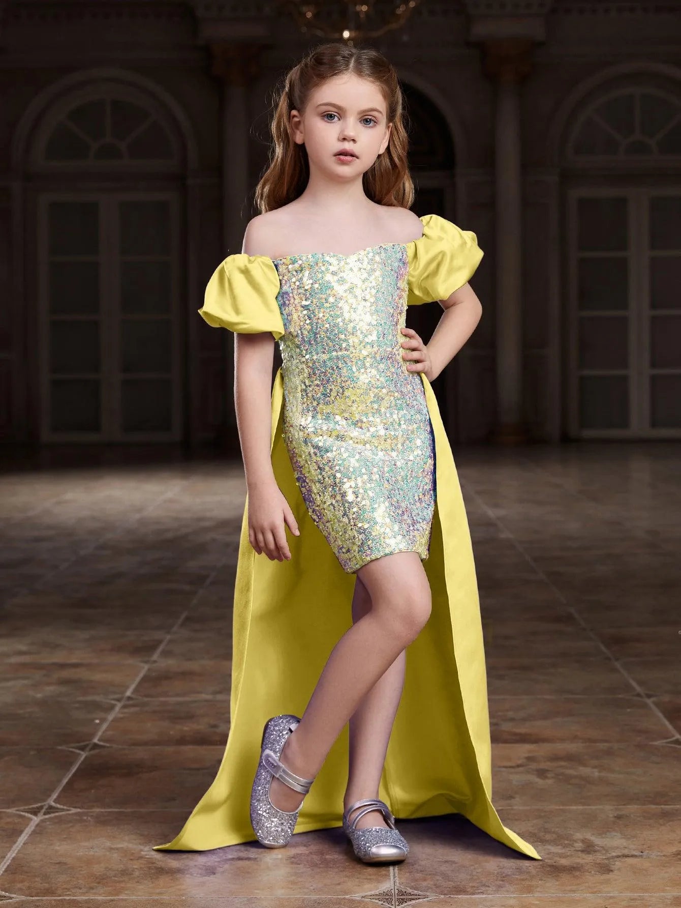 Tween Girls' Off Shoulder Puff Sleeves Satin Overlay Sequin Party Dress - Elonnashop