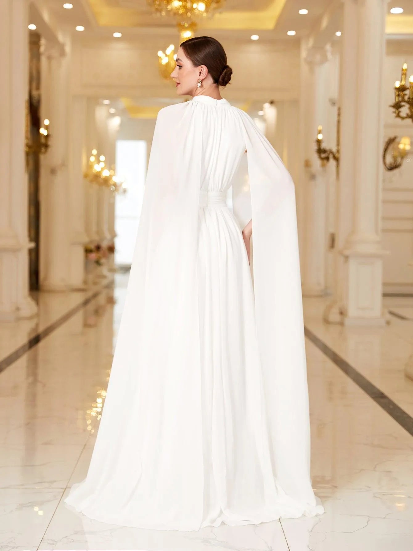 Elegant Mock Neck Cloak Sleeve Chiffon Formal Dress - Elonnashop