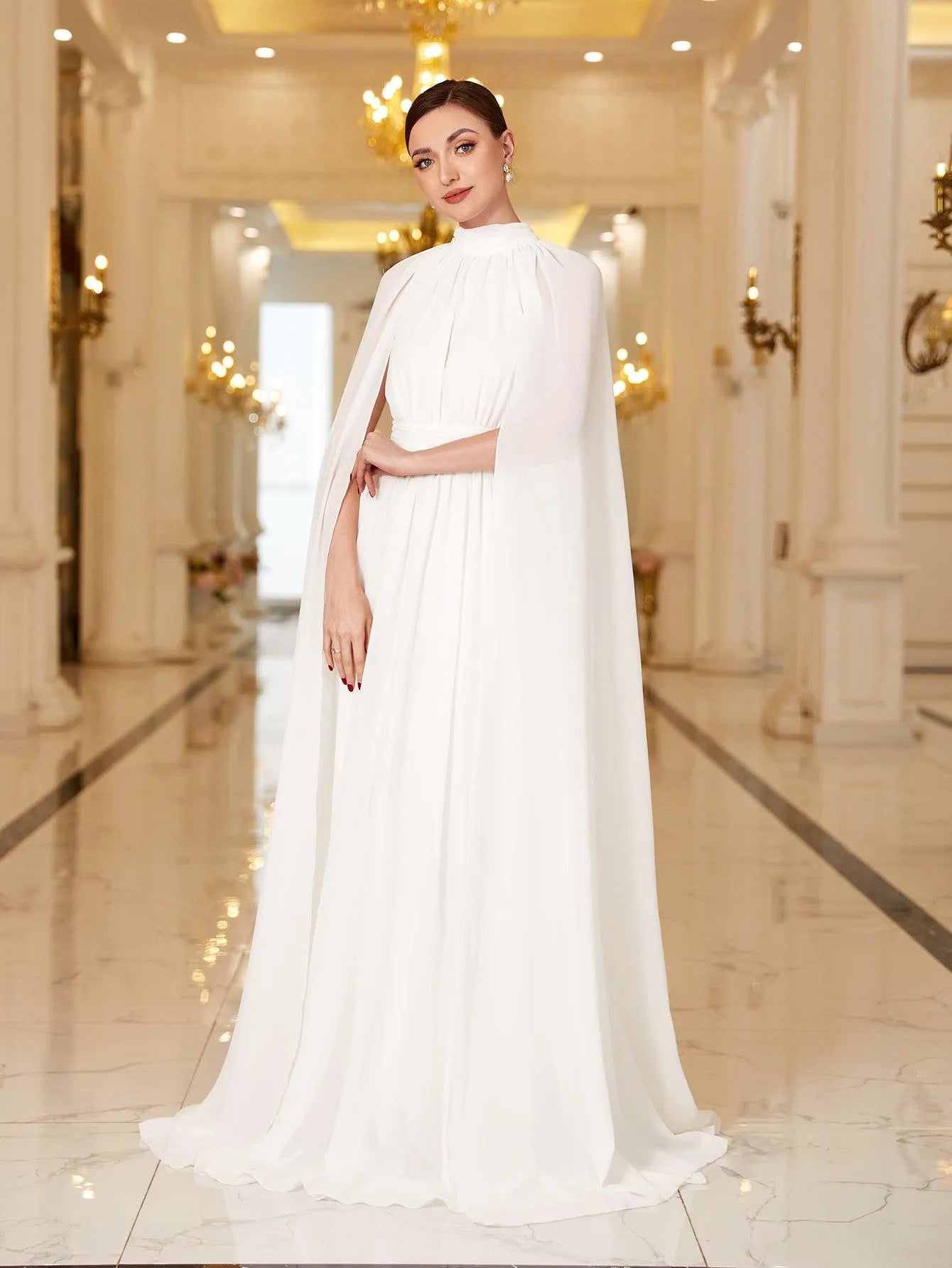 Elegant Mock Neck Cloak Sleeve Chiffon Formal Dress - Elonnashop