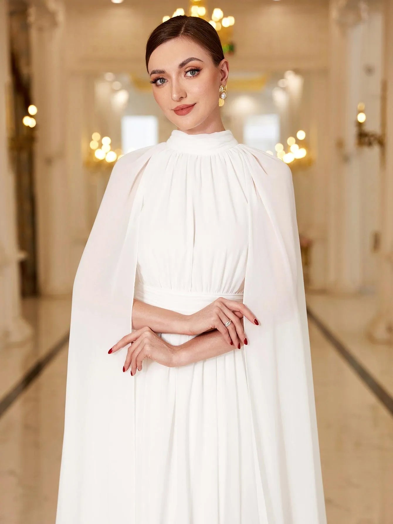 Elegant Mock Neck Cloak Sleeve Chiffon Formal Dress - Elonnashop