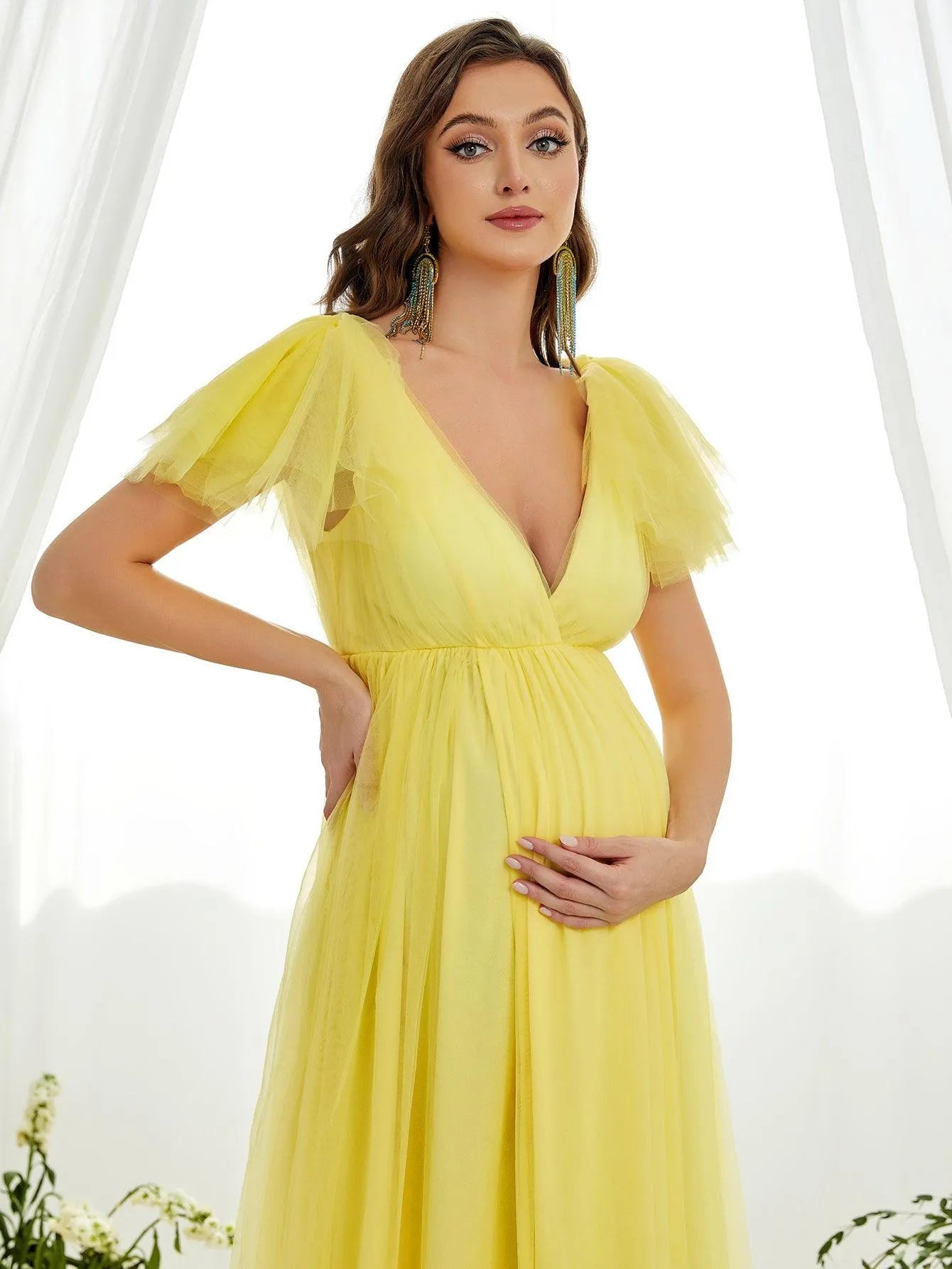 Maternity Plunging Neck Ruffle Sleeve Mesh Slit Dress - Elonnashop