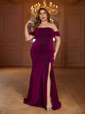 Plus Glitter Off Shoulder Split Mermaid Hem Evening Dress