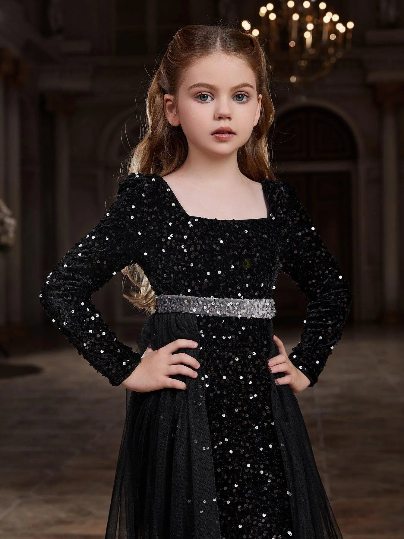 Tween Girls' Square Collar Long Sleeves Sequin Mermaid Dress - Elonnashop