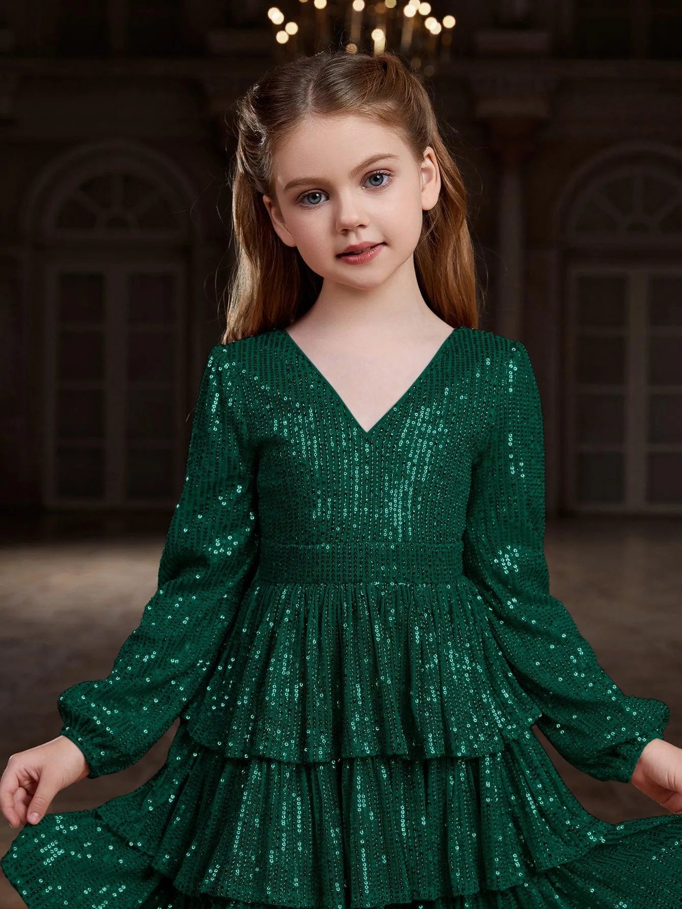 Tween Girls' Backless V Neck Layered Hem Sequin Party Dress - Elonnashop