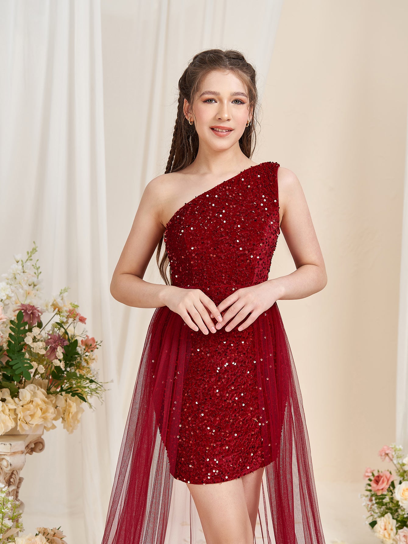 Teen Girls' Asymmetrical Neckline Mesh Overlay Sequin Dress