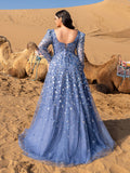 Plus Gorgeous Square Collar Long Sleeves Beaded Sequin Formal Dress