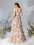 Maternity Strapless Ruffle Trim Floral Mesh Party Dress