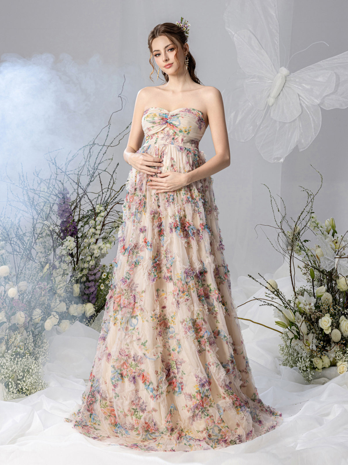 Maternity Strapless Ruffle Trim Floral Mesh Party Dress