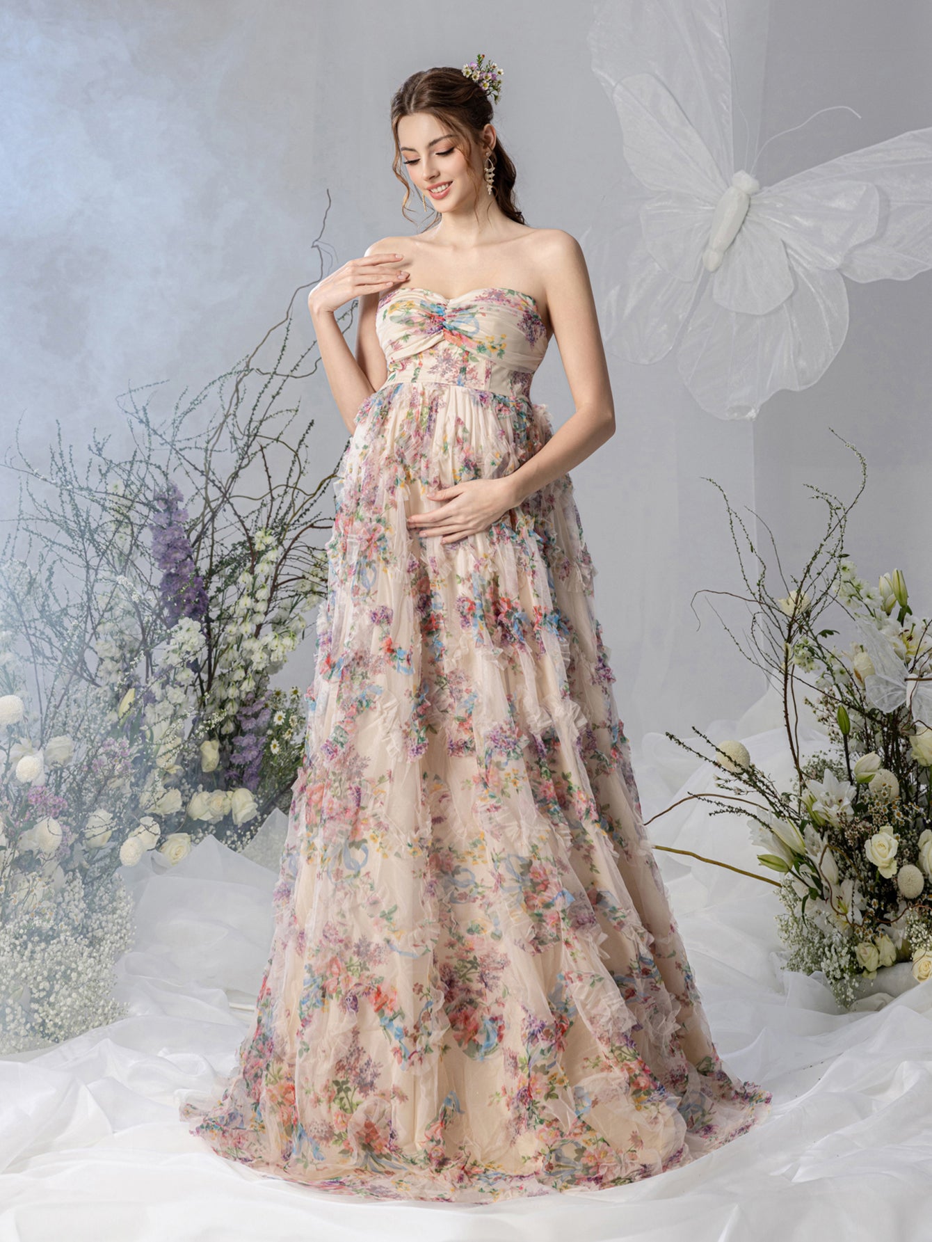 Maternity Strapless Ruffle Trim Floral Mesh Party Dress