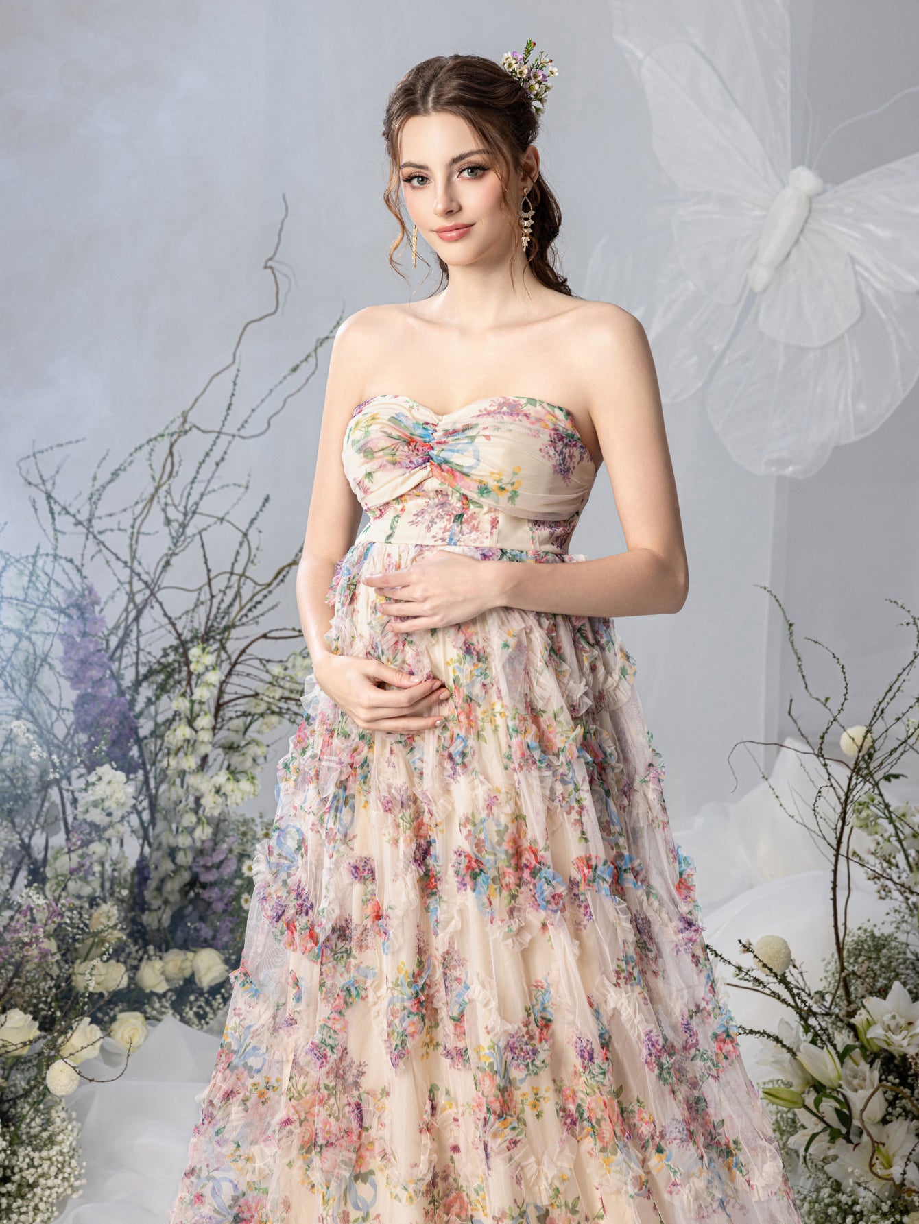 Maternity Strapless Ruffle Trim Floral Mesh Party Dress