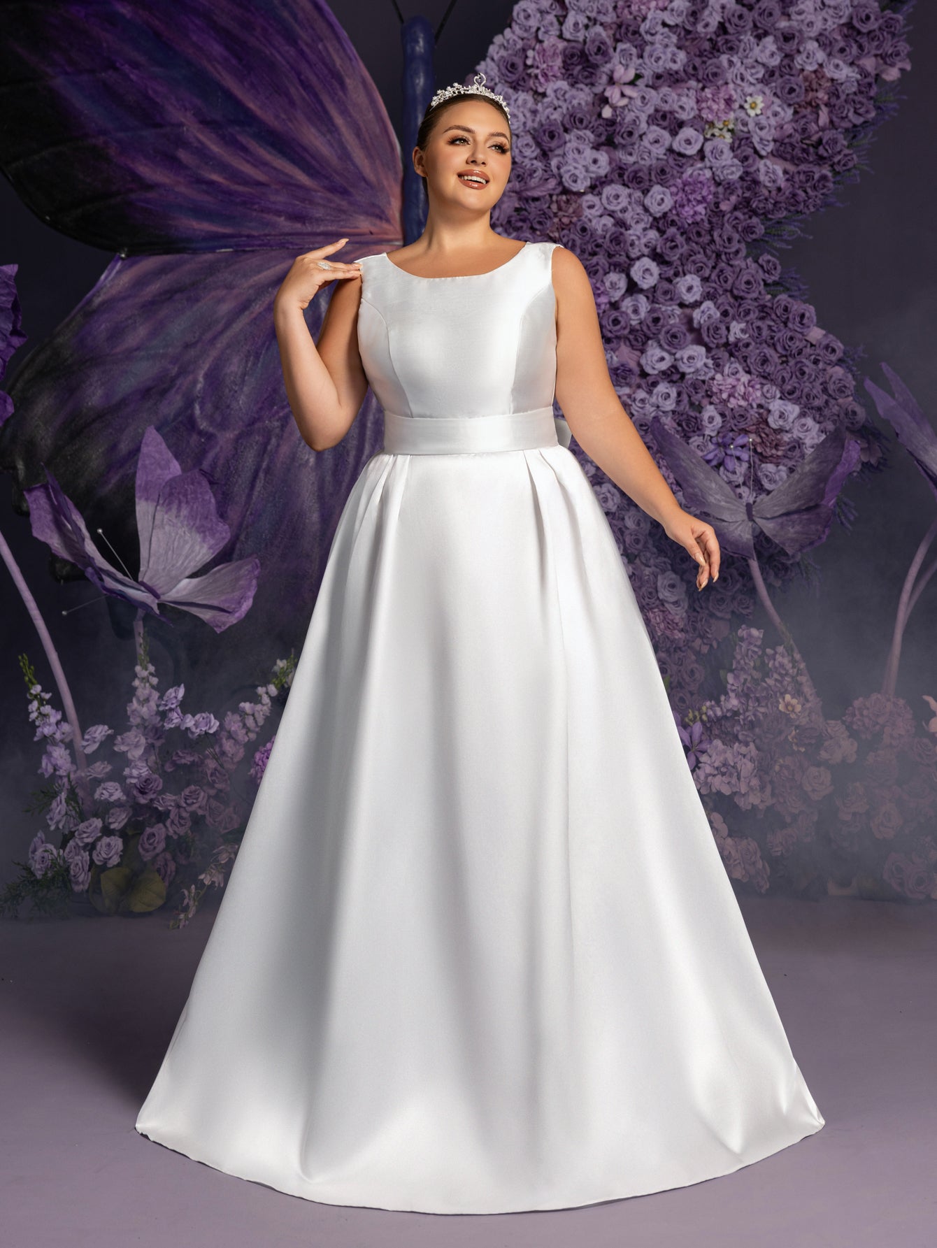 Plus Boat Neck Backless Satin A-line Wedding Dress