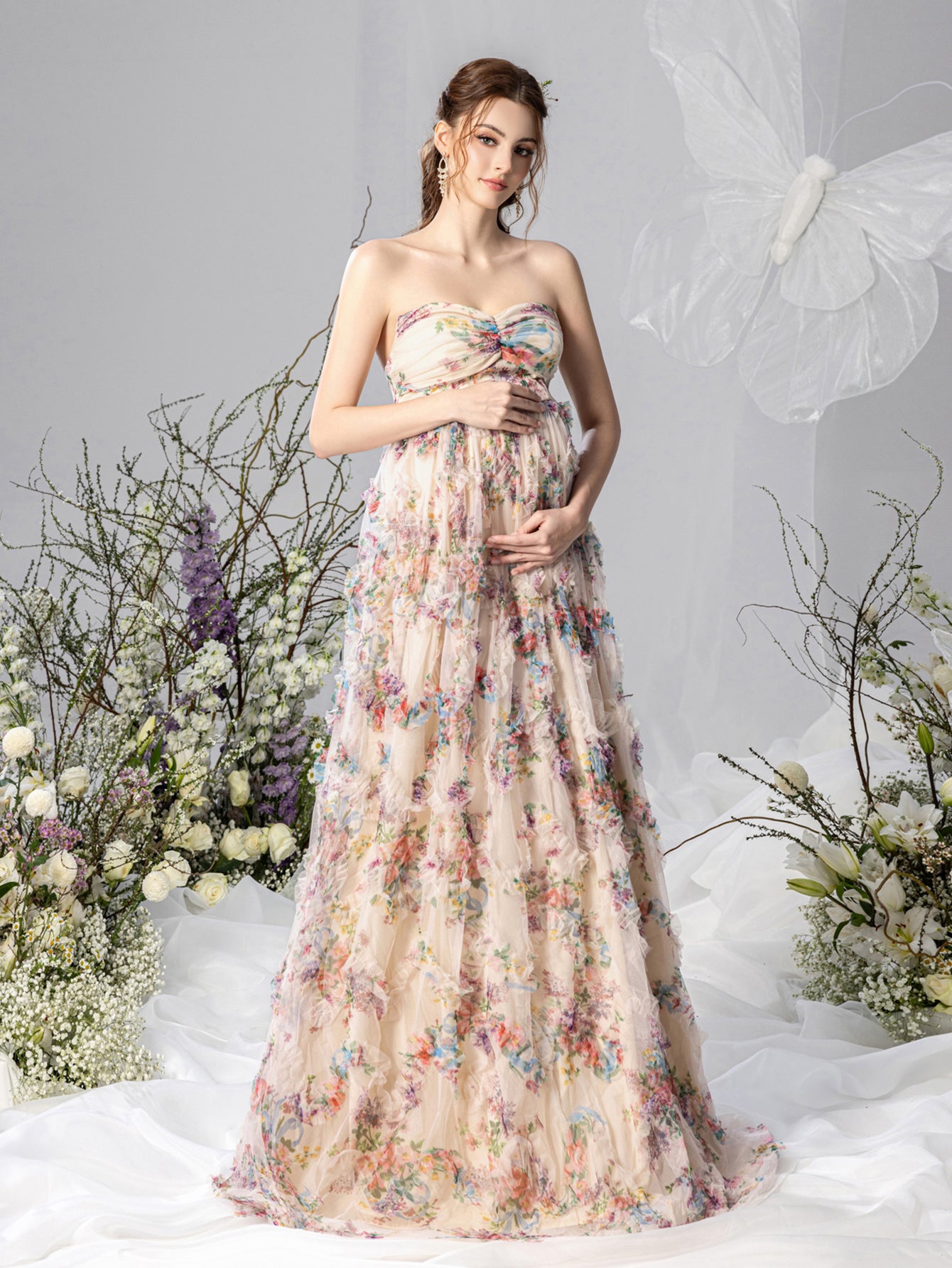 Maternity Strapless Ruffle Trim Floral Mesh Party Dress