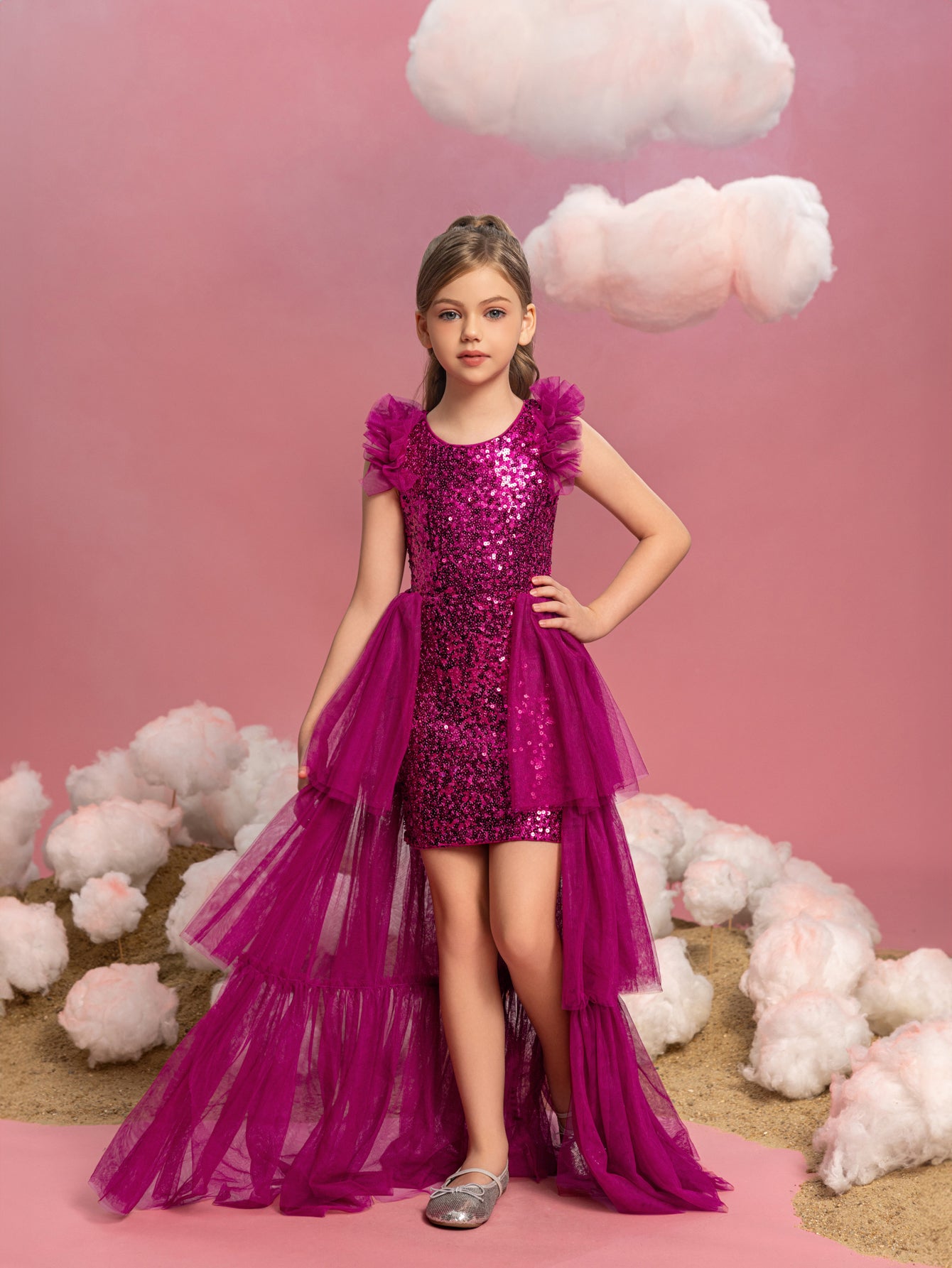 Tween Mädchen-Partykleid mit ärmellosem Netzstoff, mehrlagigem Saum und Pailletten 