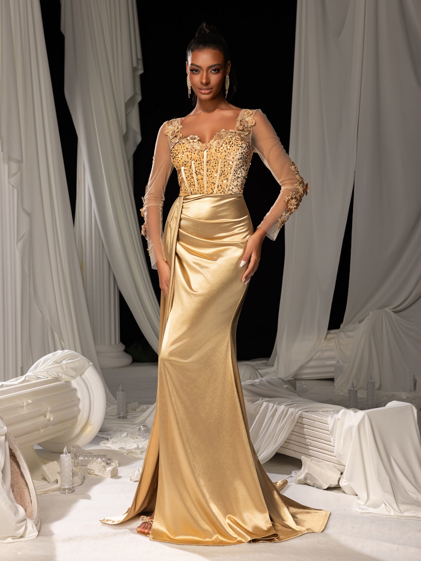 Elegant Sequin Bodice Sheer Sleeves Mermaid Hem Satin Evening Dress