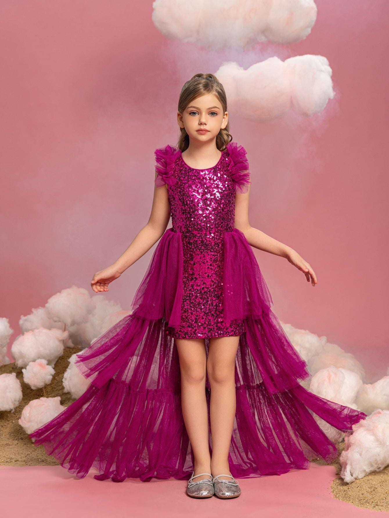 Tween Mädchen-Partykleid mit ärmellosem Netzstoff, mehrlagigem Saum und Pailletten 