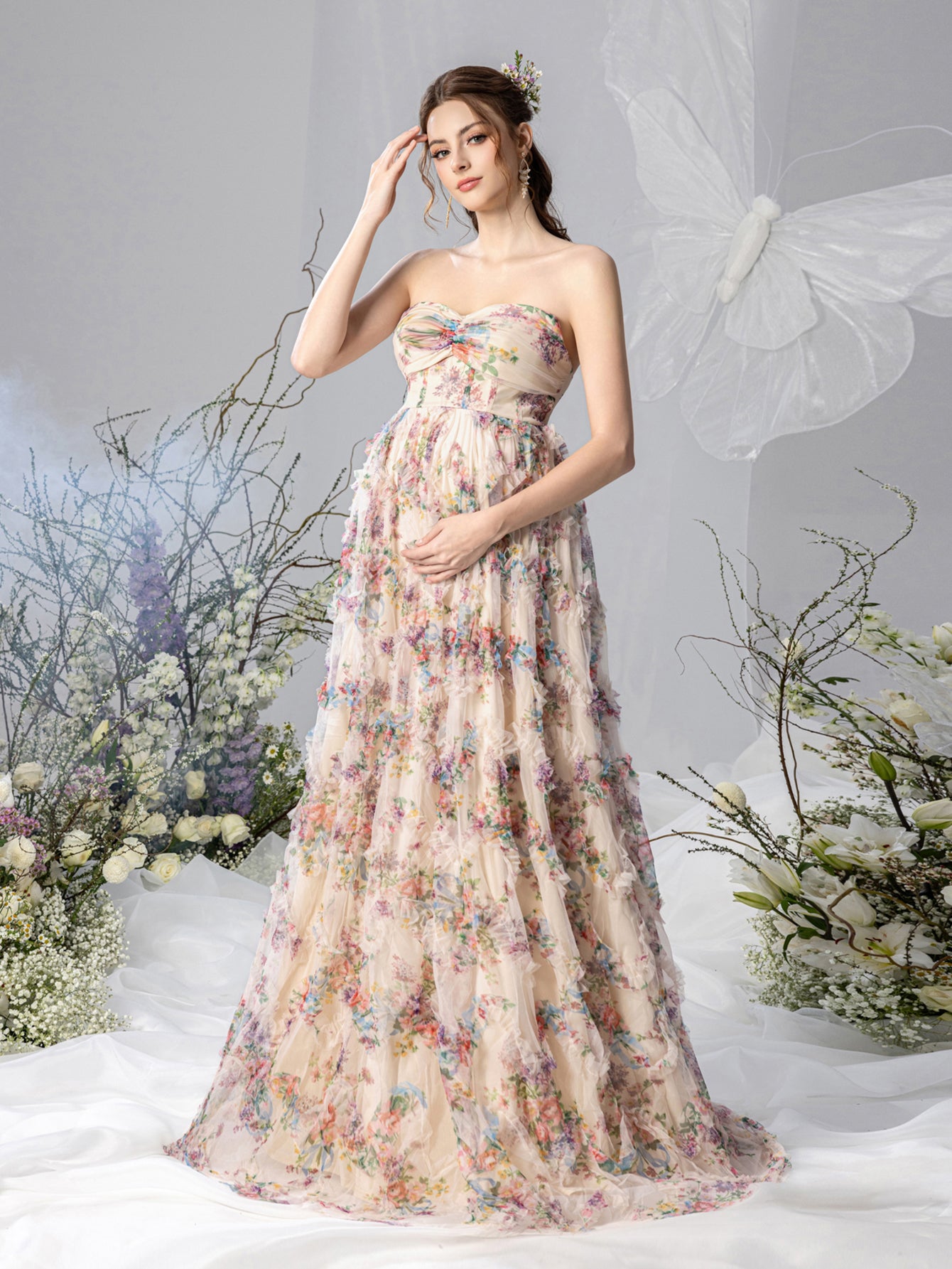 Maternity Strapless Ruffle Trim Floral Mesh Party Dress