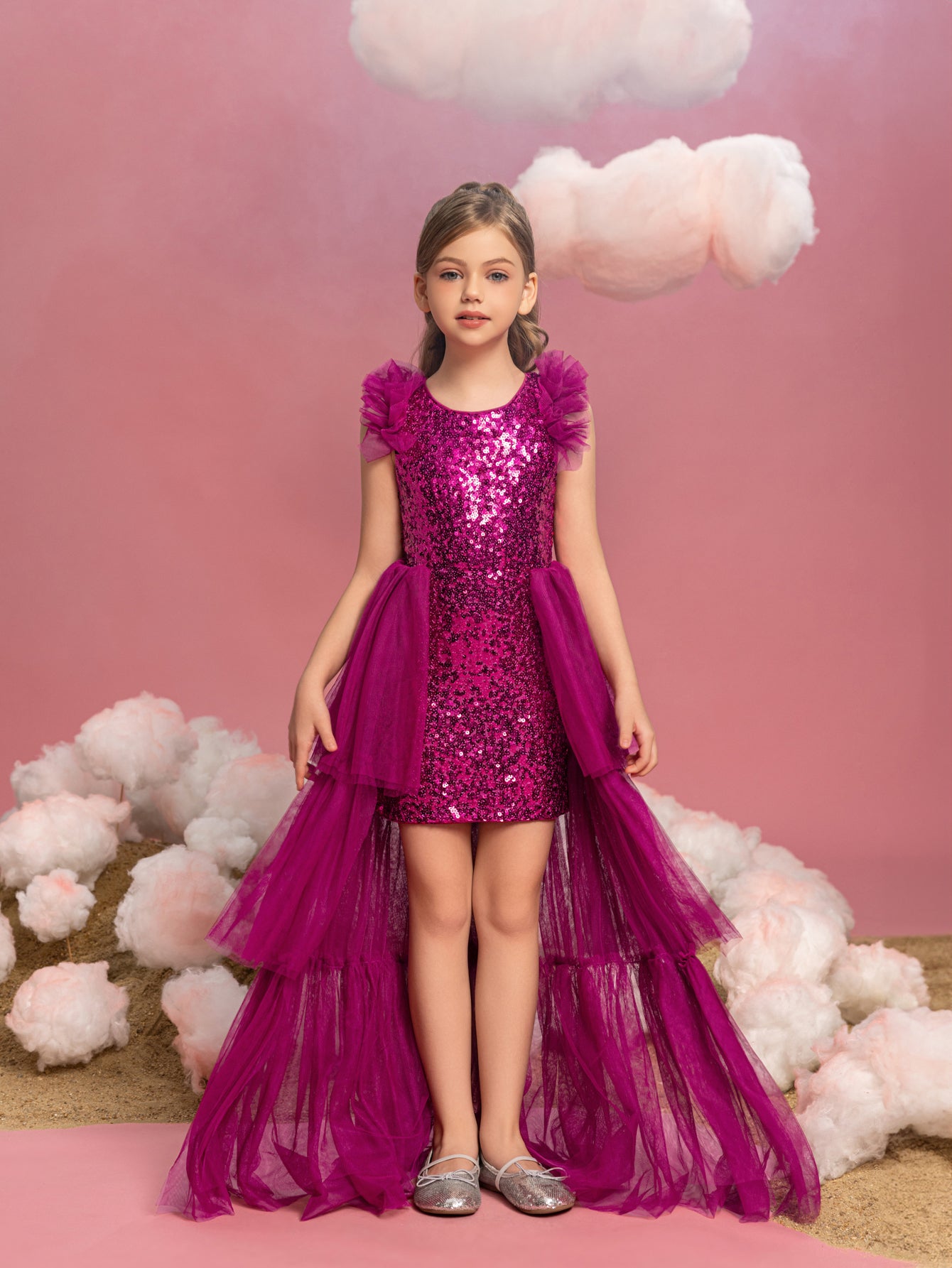 Tween Mädchen-Partykleid mit ärmellosem Netzstoff, mehrlagigem Saum und Pailletten 