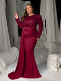 Plus Round Neck Long Sleeves Formal Evening Dress with Sequin Bodice and Satin Mermaid Skirt