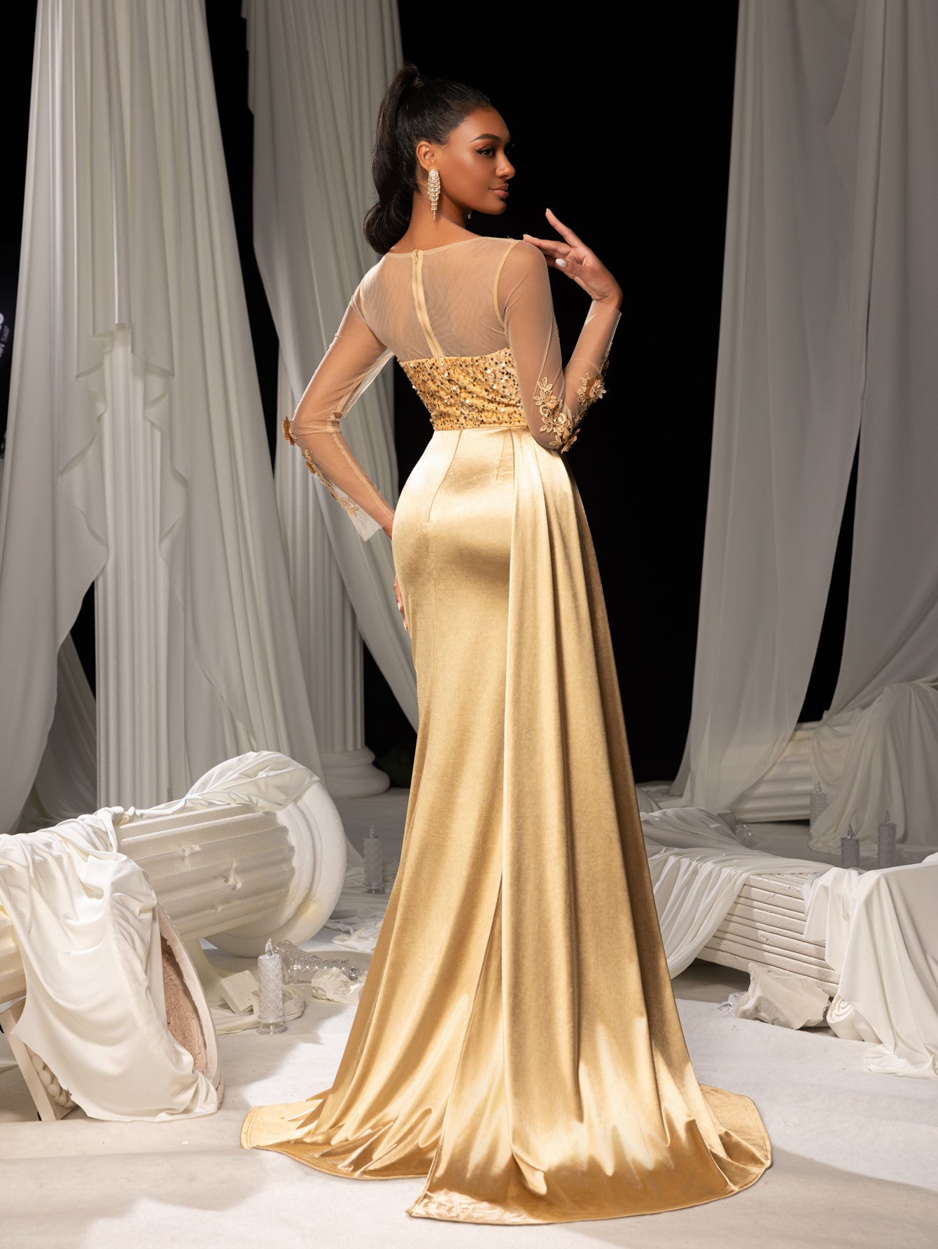 Elegant Sequin Bodice Sheer Sleeves Mermaid Hem Satin Evening Dress