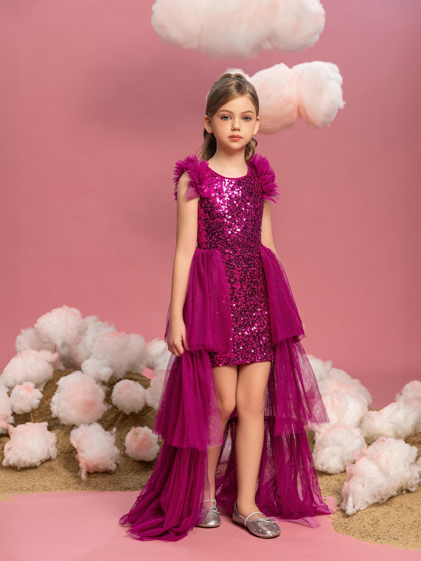 Tween Mädchen-Partykleid mit ärmellosem Netzstoff, mehrlagigem Saum und Pailletten 