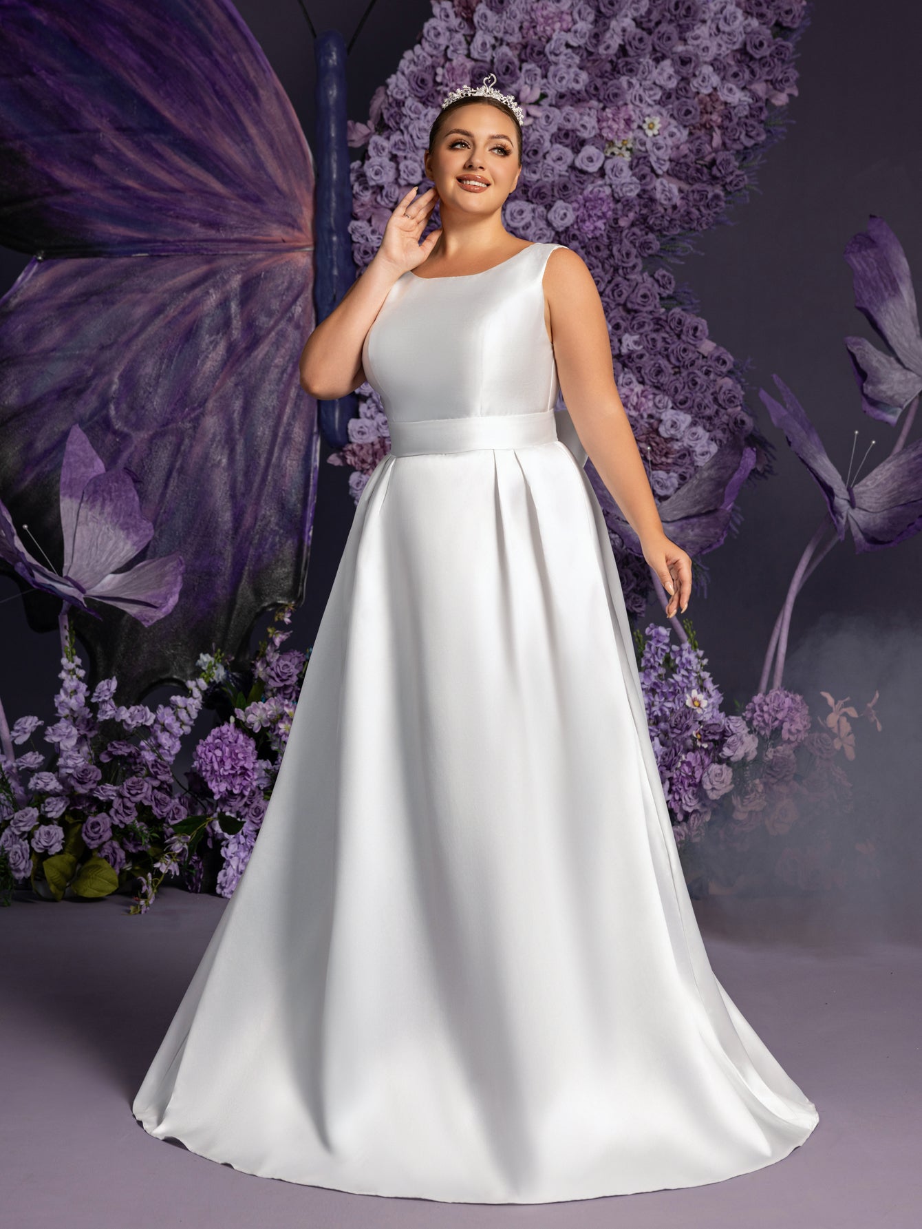 Plus Boat Neck Backless Satin A-line Wedding Dress