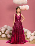 Tween-Mädchen-Partykleid mit Schleife am Rücken, ärmellos, Kontrast-Satin und Pailletten 