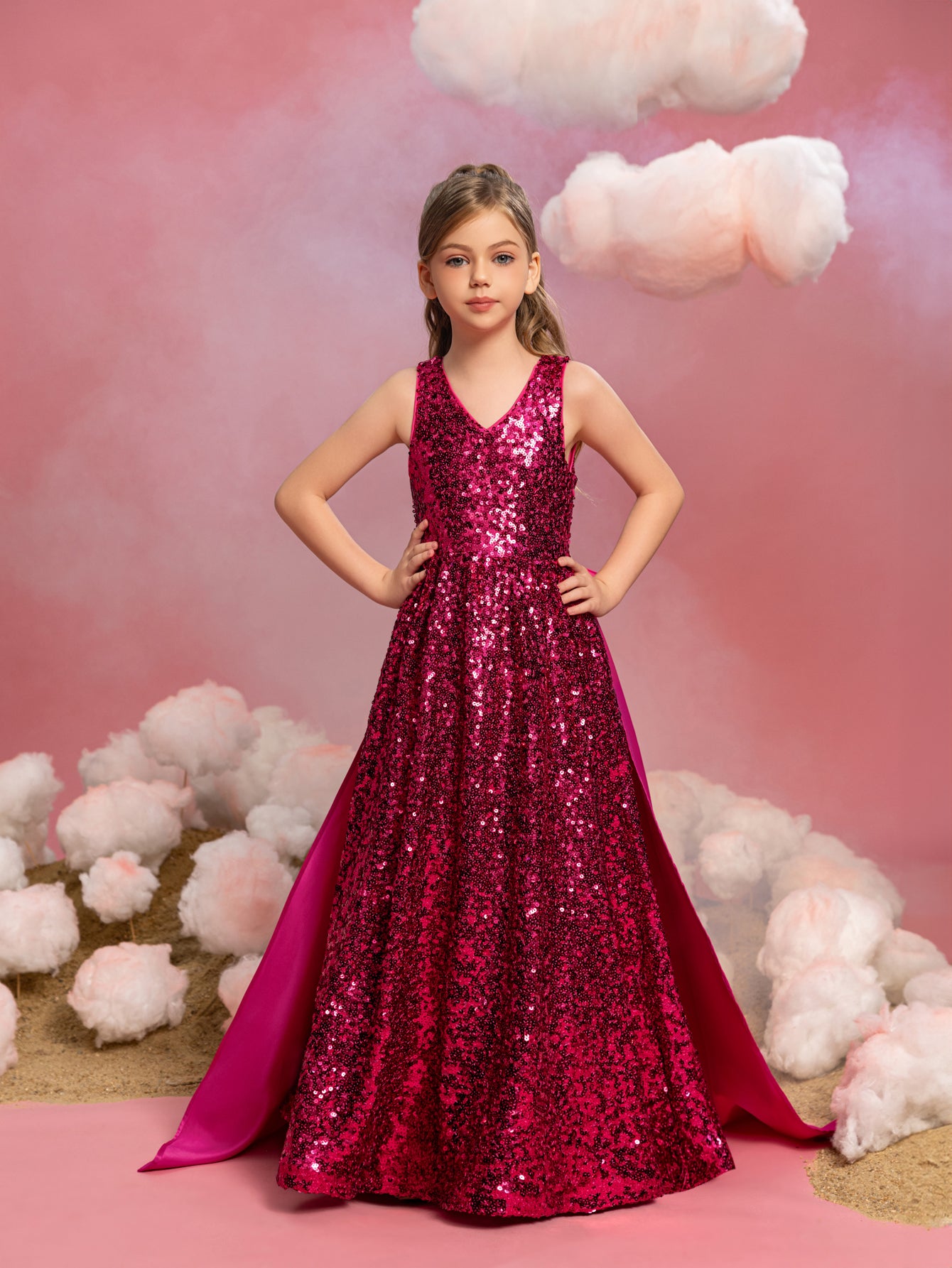 Tween-Mädchen-Partykleid mit Schleife am Rücken, ärmellos, Kontrast-Satin und Pailletten 