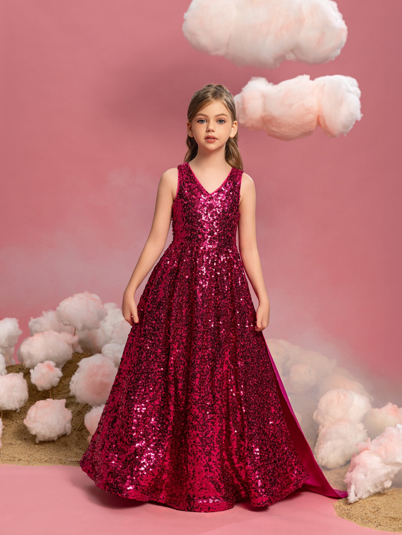 Tween-Mädchen-Partykleid mit Schleife am Rücken, ärmellos, Kontrast-Satin und Pailletten 