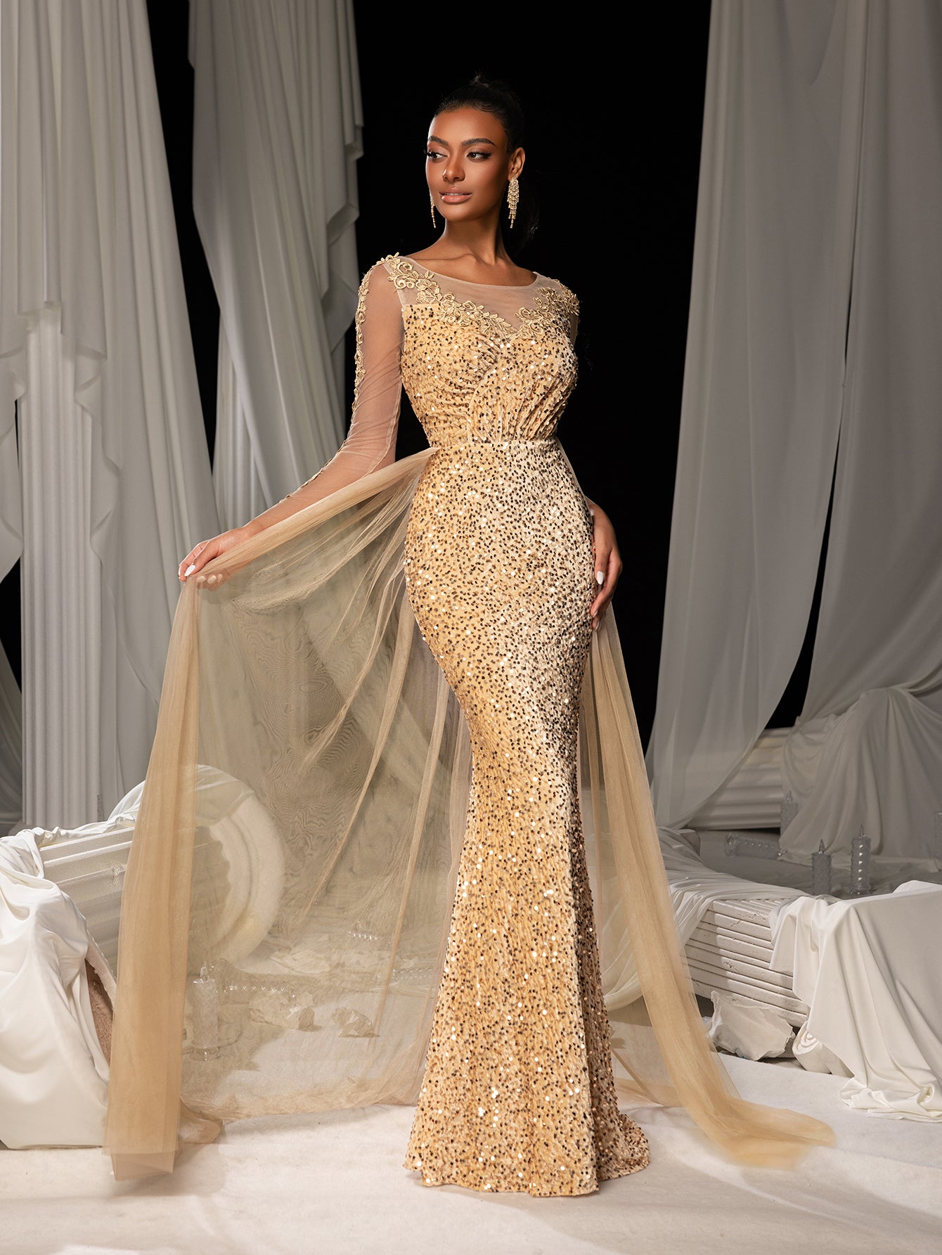 Elegant Sheer Sleeves Mesh Train Sequin Evening Dress